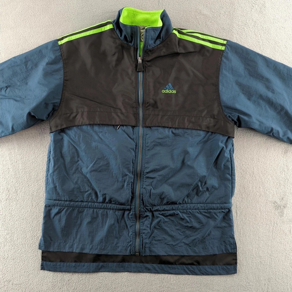 Vintage 90s Adidas Windbreaker Jacket Mens S Blue Black Fleece Lined Coat Retro